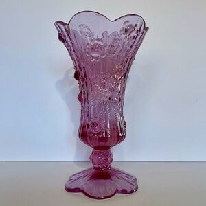 Fenton Ornate Floral Vase in Rich Pink Dusty Rose 8.5” Vintage MCM Cabbage